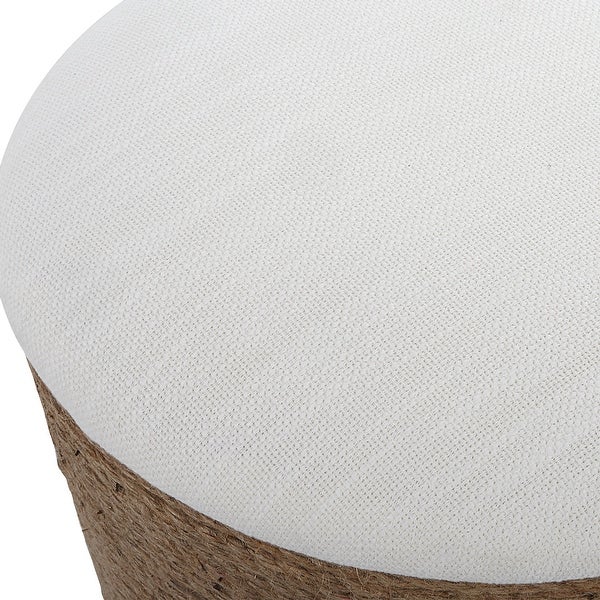 Beige Upholstered Accent Stool with Fiber Rope Base - 18.25