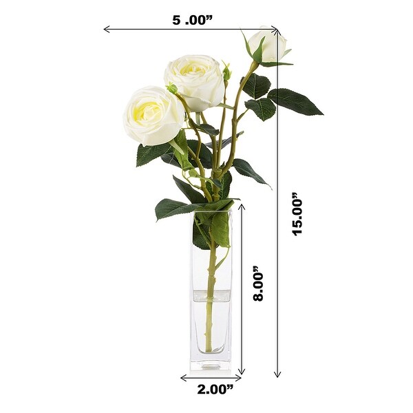 Enova Home Artificial Silk Rose Flower in Clear Glass Vase Faux Rose Flower with Vase For Home Office Decoration