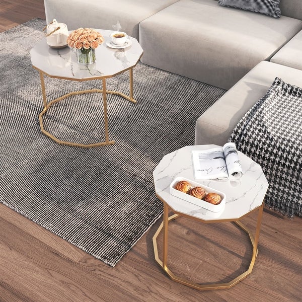 Nesting Coffee Table Modern Center Table Waterproof Side Table with White Artificial Marble Top End Table with Metal Frame