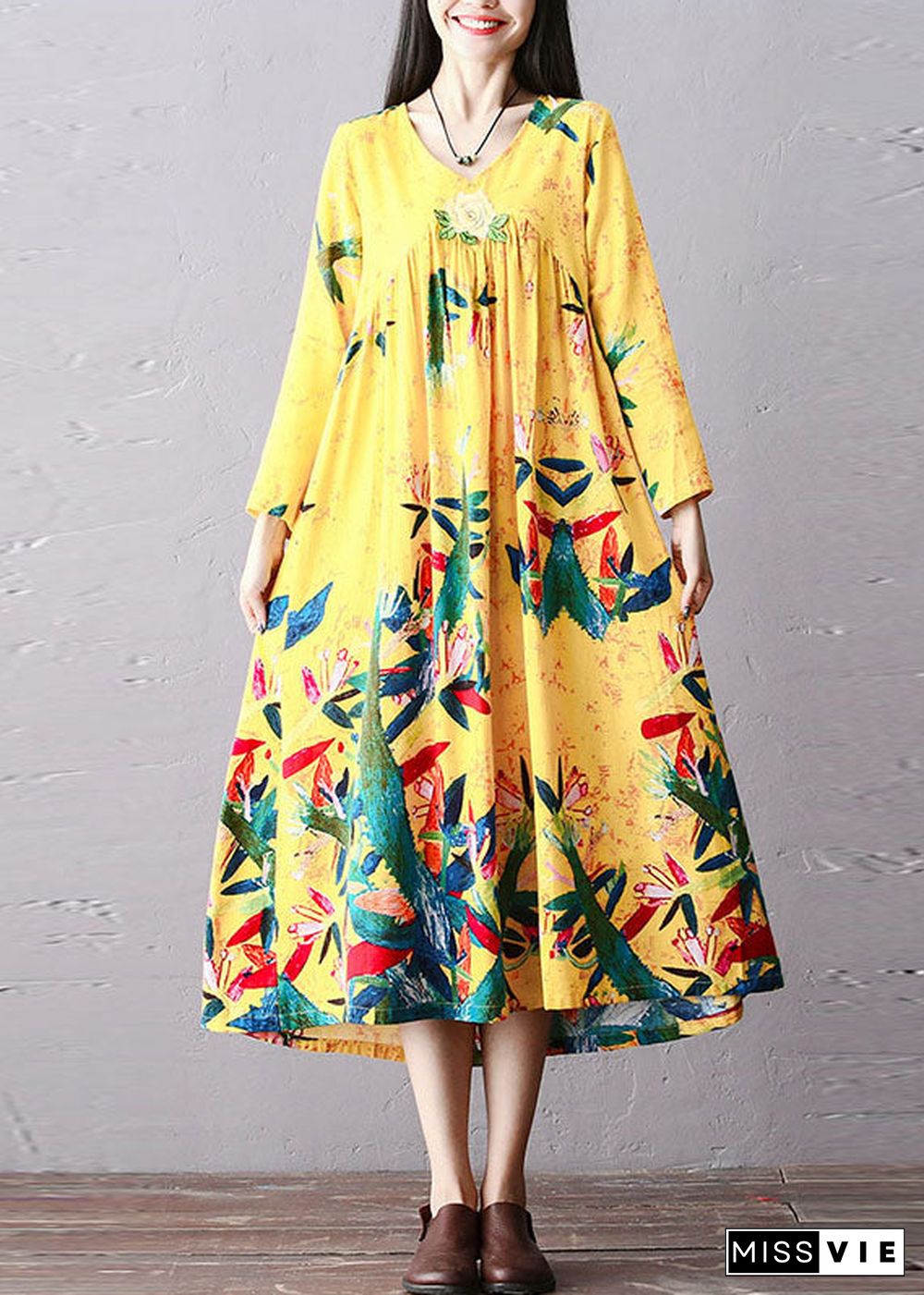 Italian Yellow Wrinkled Embroideried Print Cotton Long Dress Long Sleeve