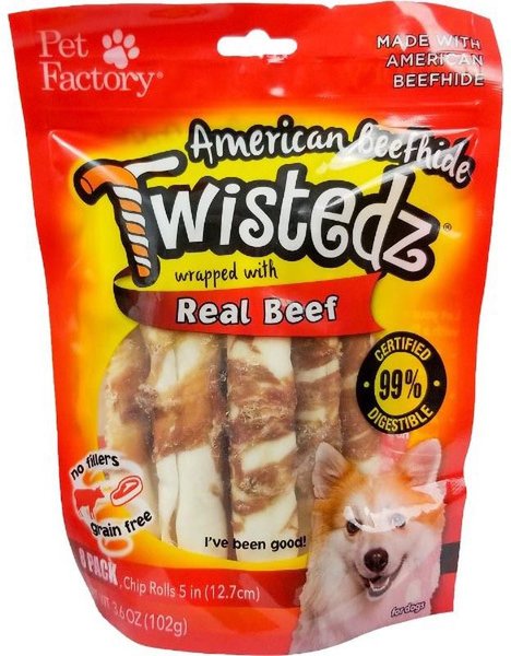 Pet Factory Twistedz 5-inch Beefhide Chip Rolls Beef Flavored Wrap Dog Hard Chews， 8 count