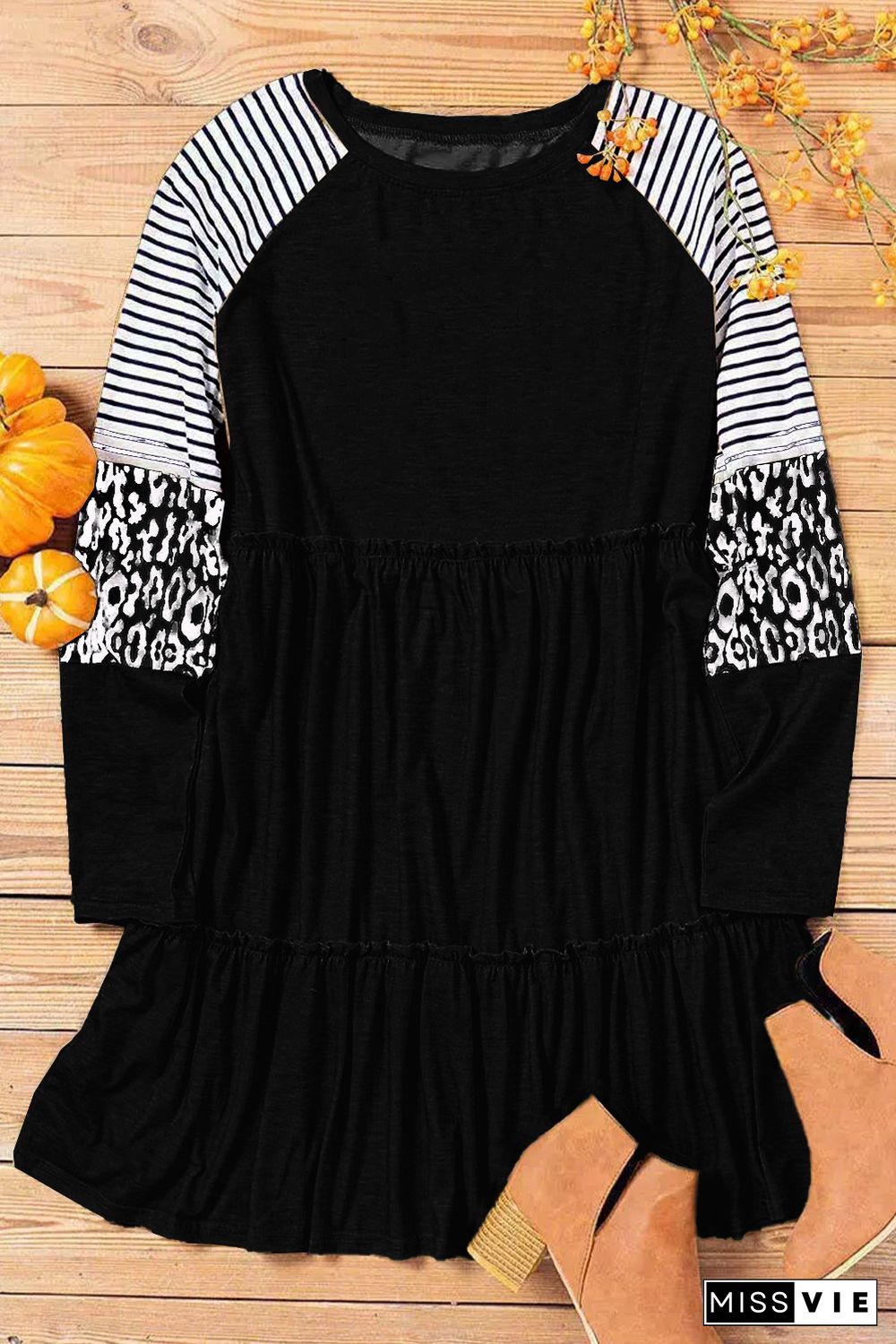 Black Striped Leopard Patchwork Long Sleeve Mini Dress