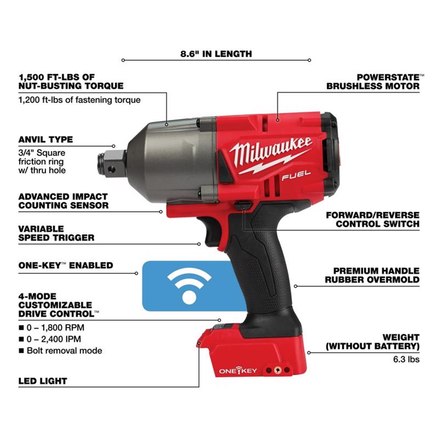 MW M18 FUEL One Key 18 V 3/4 in. Cordless Brushless High Torque Impact Wrench Tool Only