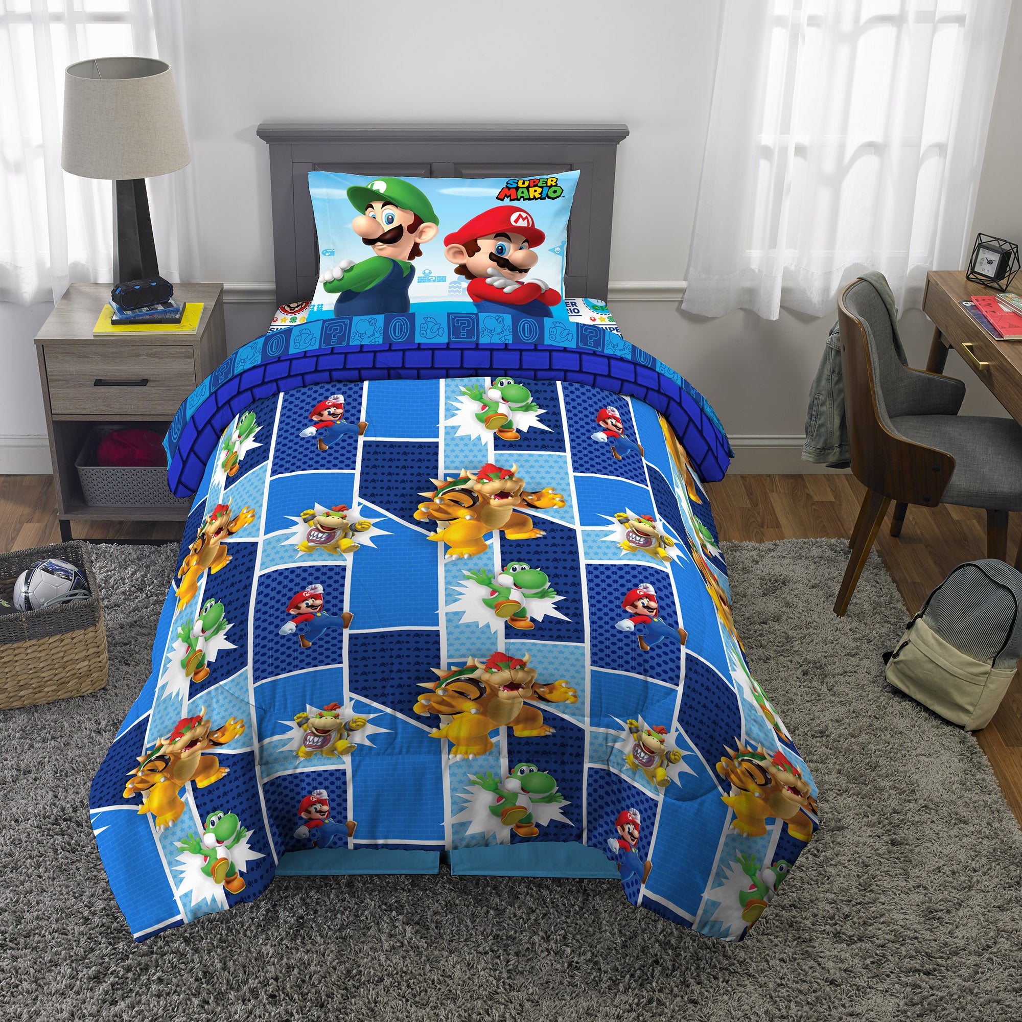 Super Mario Kids Twin Comforter and Sham， 2-Piece Set， Gaming Bedding， Reversible， Blue