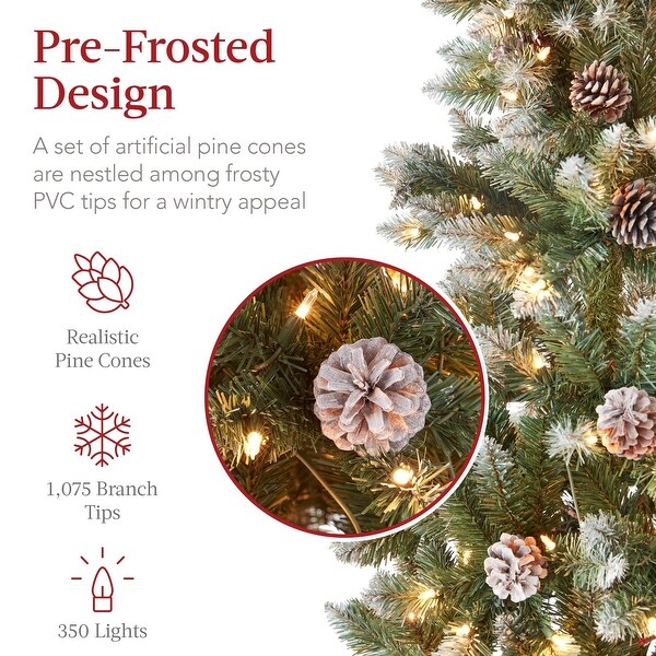 7.5ft Prelit Pencil Christmas Tree，Partially Flocked and Frosted Slim Holiday Tree Decoration，Skinny Xmas Tree，350 Lights