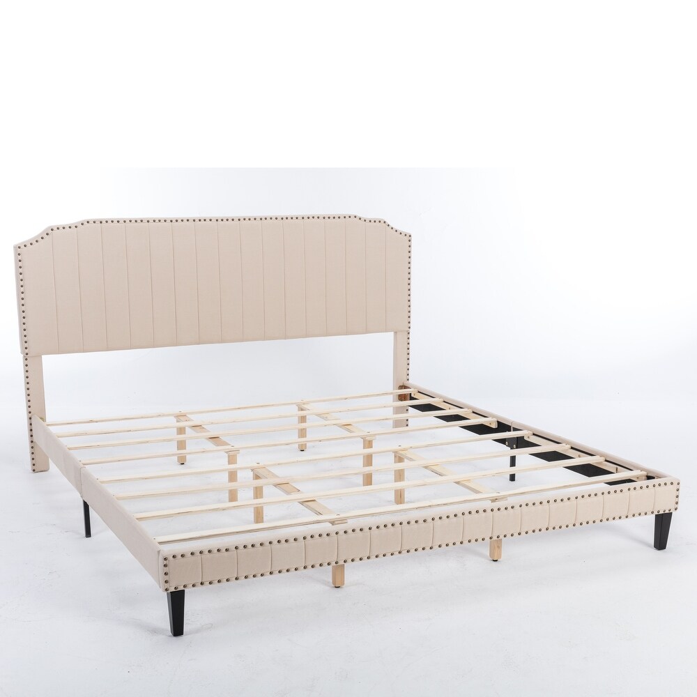 Modern Linen Platform Bed with Nailhead Trim   Easy Assembly