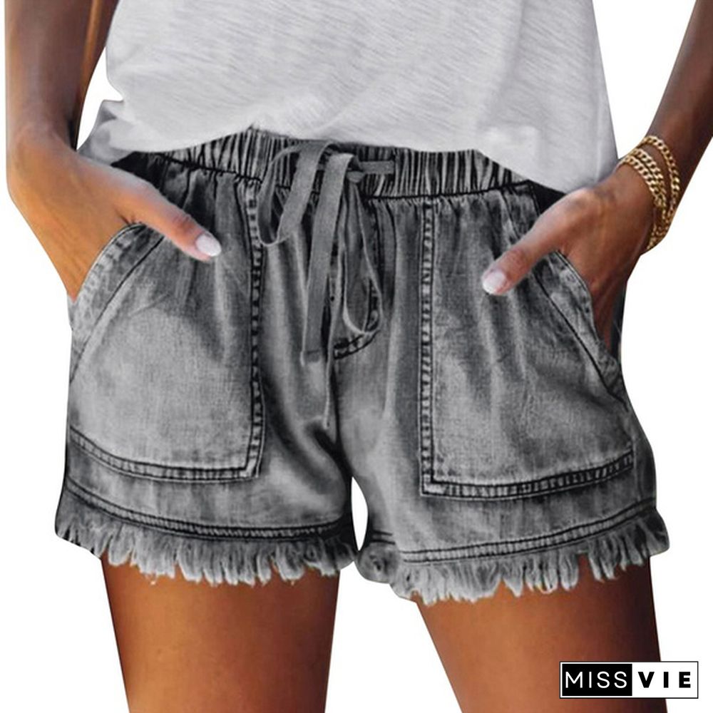 Summer Women Elastic Waist Casual Denim Shorts High Waist Slim Jean Shorts Women Hot Pants