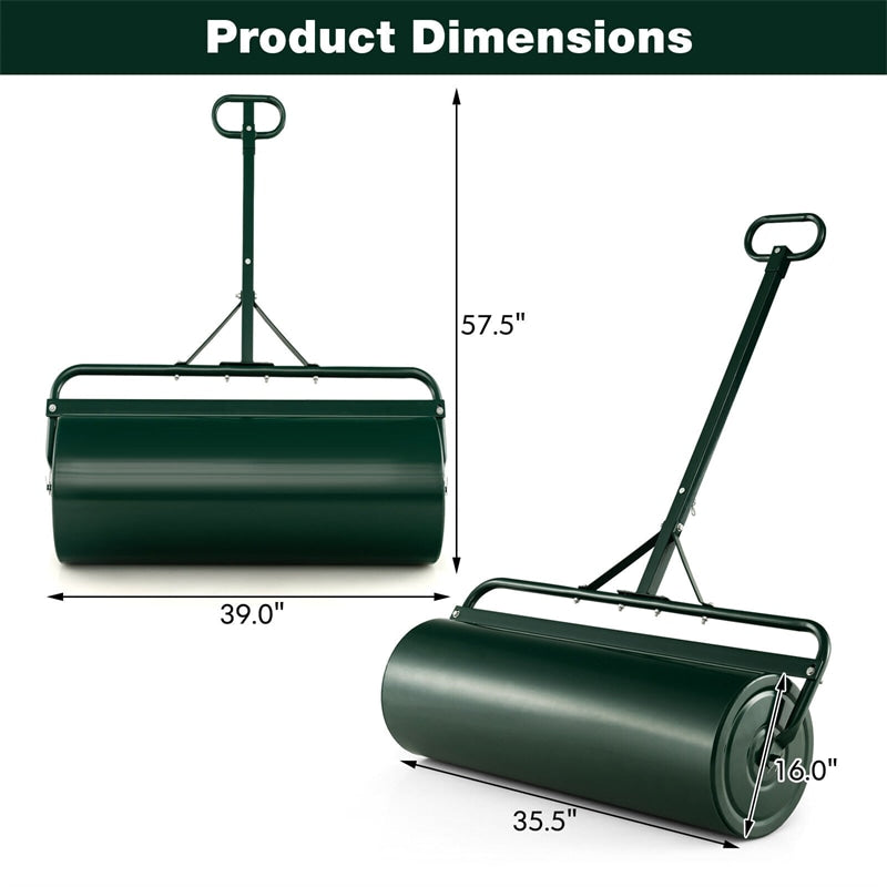 Push/Tow-Behind Lawn Roller with Detachable Handle 30 Gallon Water/Sand-Filled Sod Drum Roller for Garden Yard Park Farm