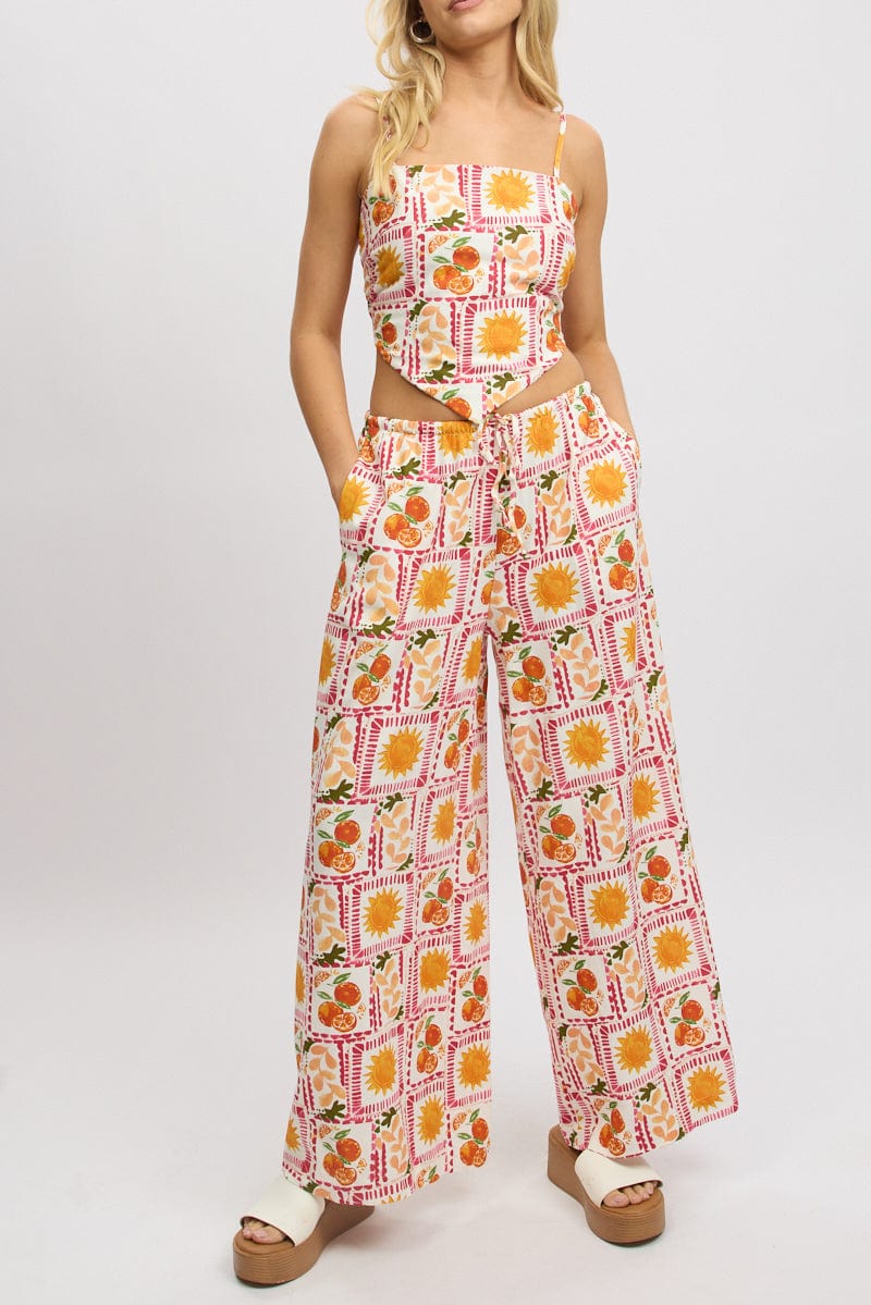 Multi Abstract Wide Leg Pants High Rise