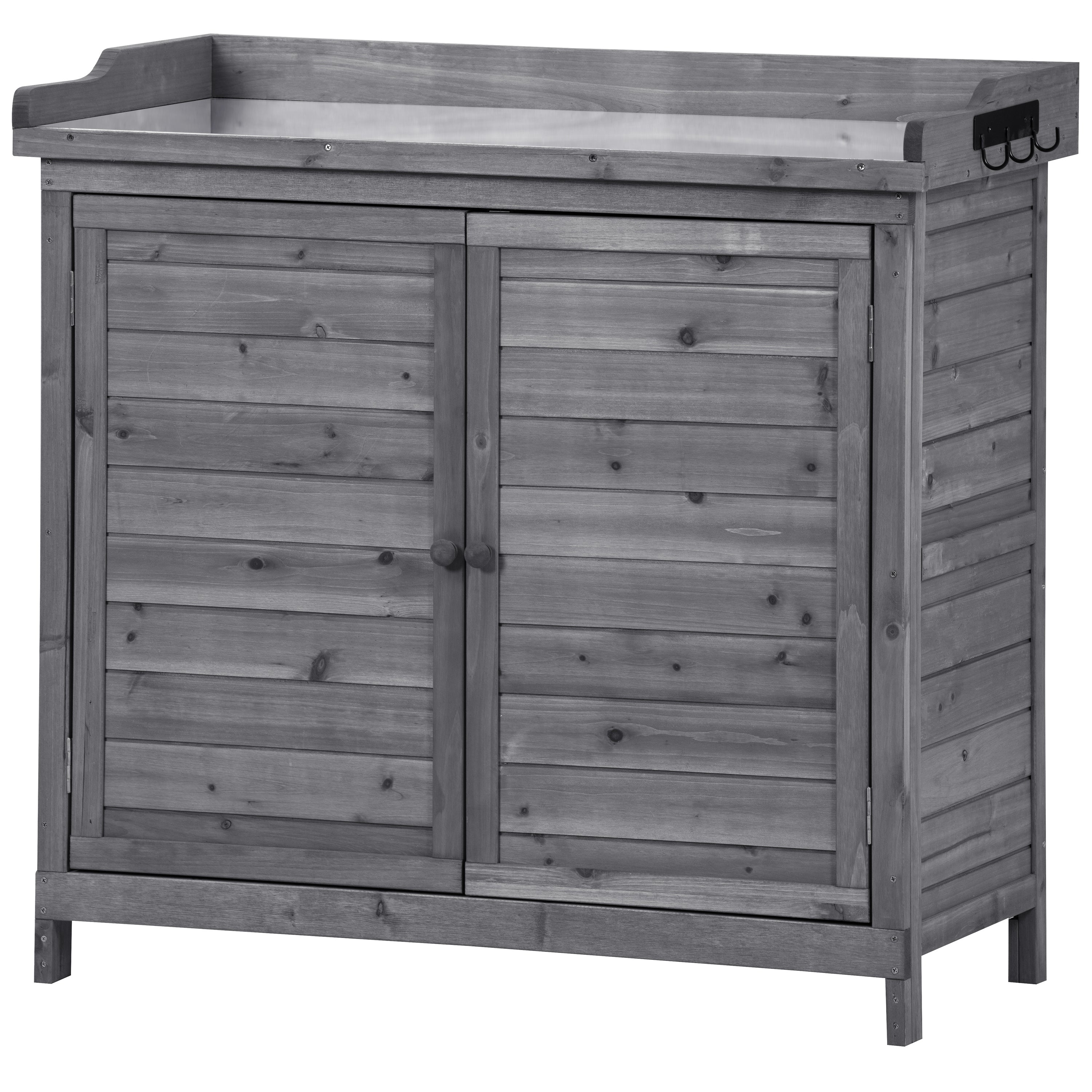 LYPER Outdoor 39" Potting Bench Table, Rustic Garden Wood Workstation Storage Cabinet Garden Shed with 2-Tier Shelves and Side Hook, Grey