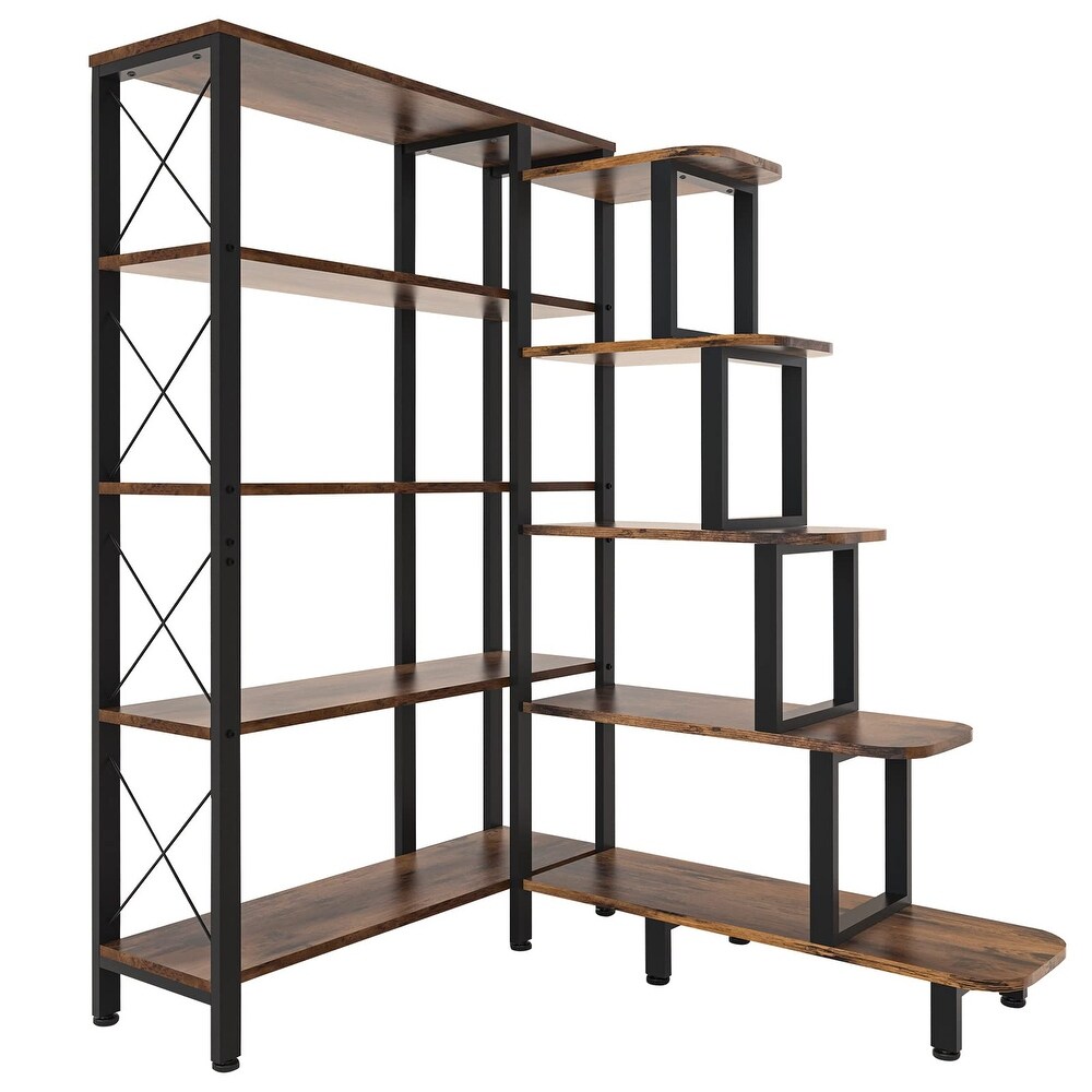 Large Corner Bookshelf Bookcase  Industrial Reversible 5 Tier Ladder Shelves Storage Display Rack with Metal Frame