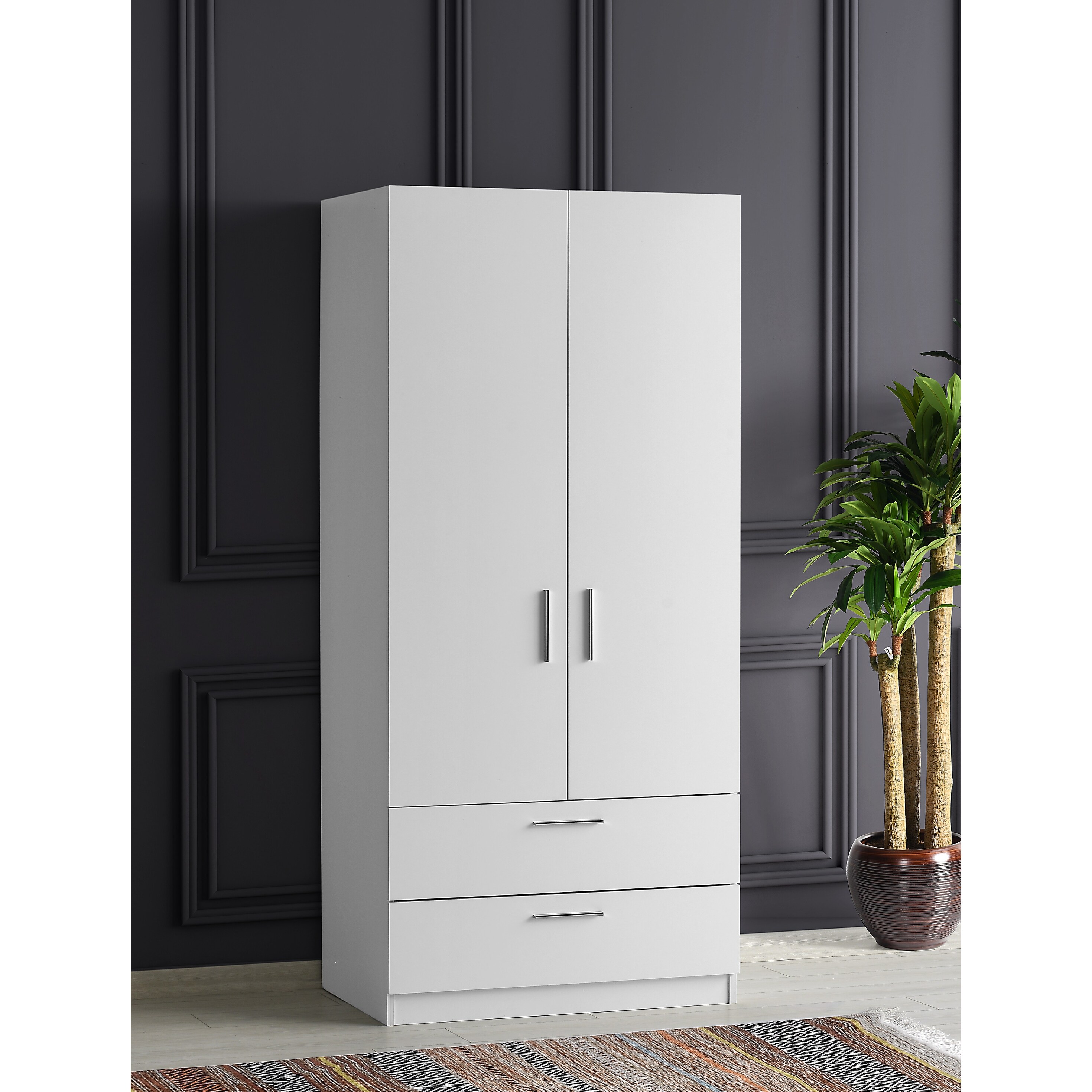 Lyon Freestanding Wardrobe Cabinet Matte White with outside 2-drawer - - 33741054