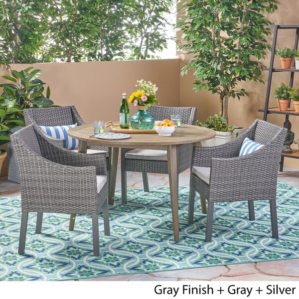 Torrence Outdoor 5 Piece Wood and Wicker Dining Set