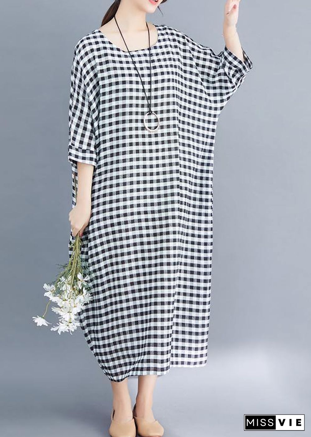 Women o neck linen cotton Robes Shirts gray white plaid Plus Size Clothing Dresses summer