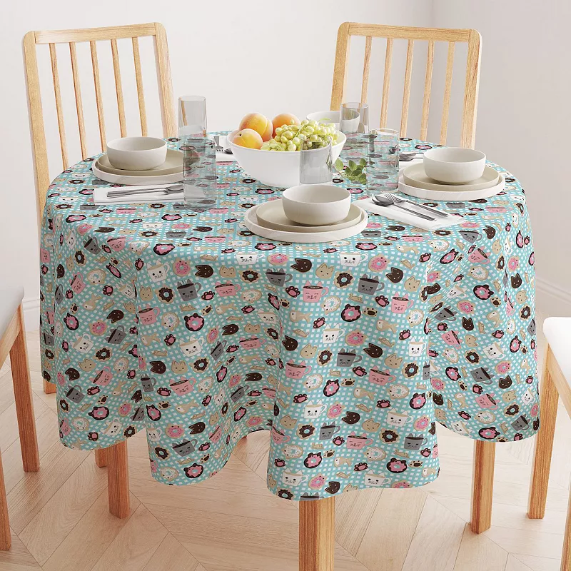 Round Tablecloth， 100% Polyester， 60 Round， Cat Lovers Mugs and Donuts