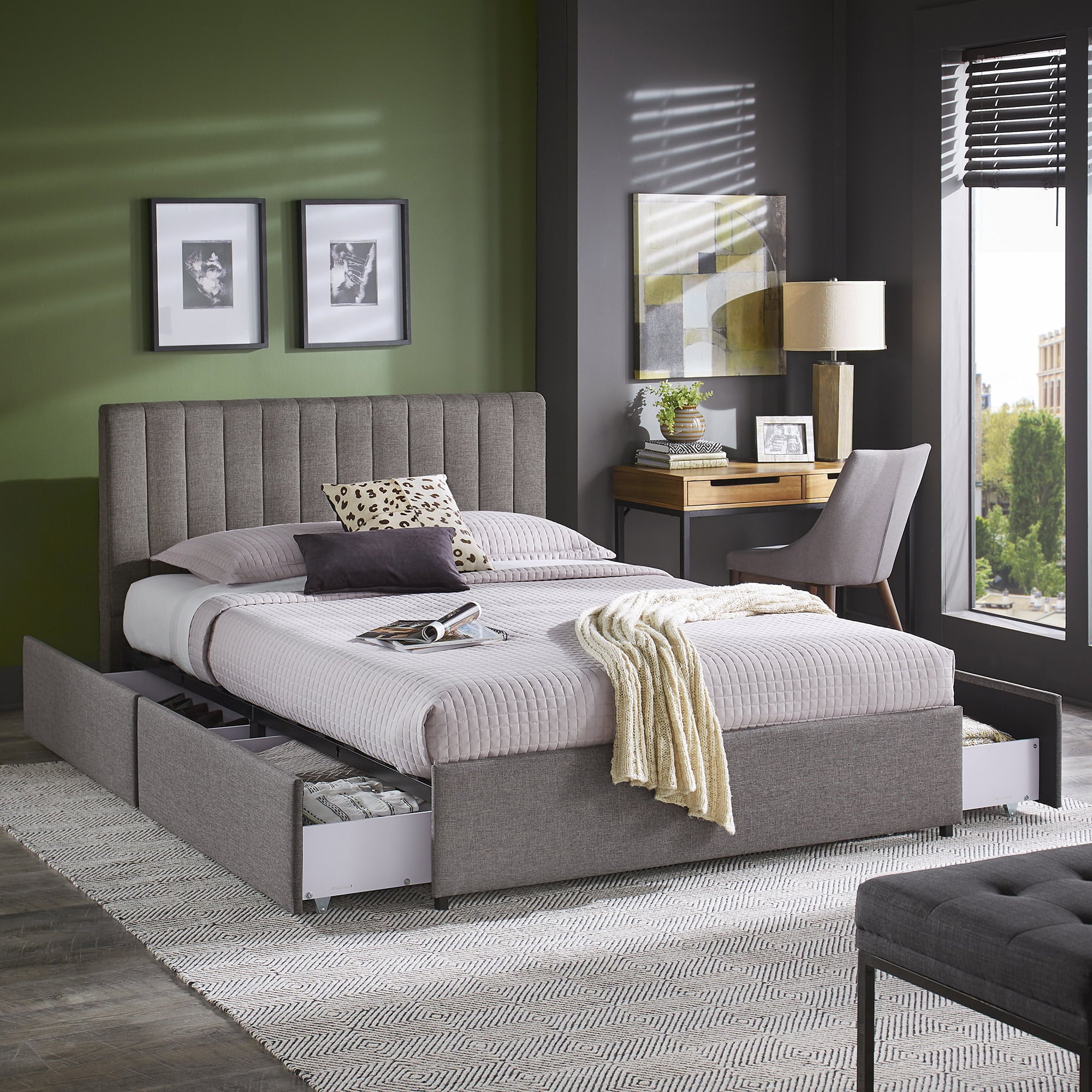 Weston Home Gaylen Channel Upholstered Linen Storage Platform Bed, Queen, Grey