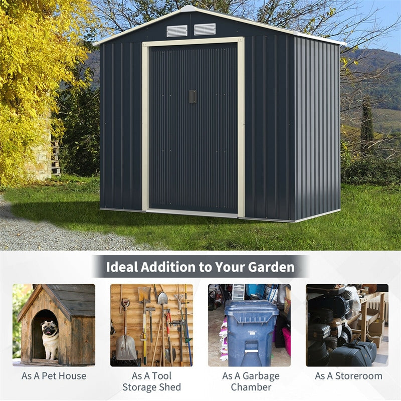 7 x 4 FT Outdoor Metal Storage Shed with 4 Air Vents & Sliding Double Lockable Doors, Backyard Tool Shed Garden Storage House