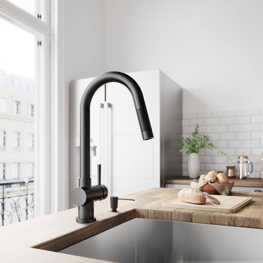 VIGO Gramercy Single Handle Pull-Down Spout Kitchen Faucet Set with Soap Dispenser in Matte Black VG02008MBK2