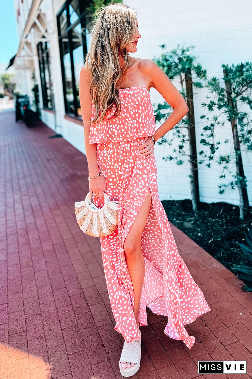 Leopard Print Strapless Maxi Dress with Split