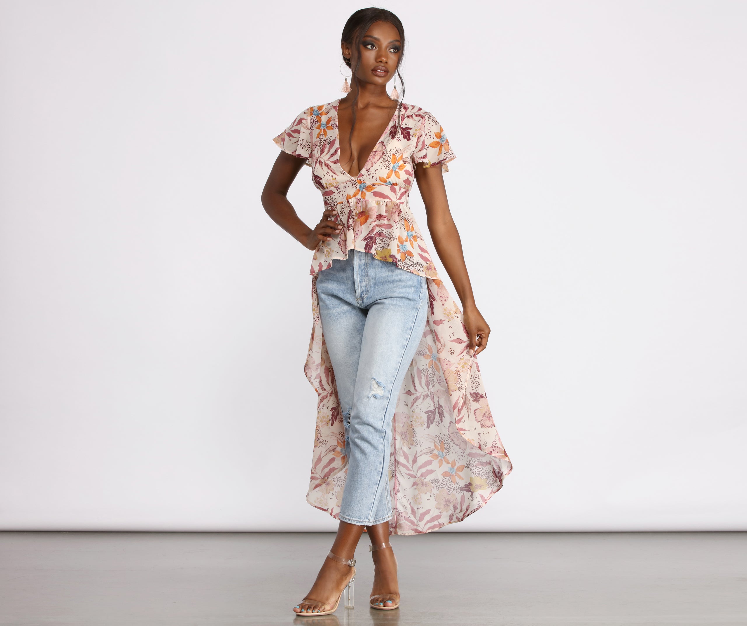 Floral Fusion Chiffon High Low Top