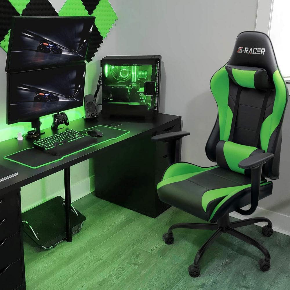 LACOO Gaming Chair High Back Racing Computer Chair PU Leather Adjustable Seat Height Swivel Chair with Headrest(Green) T-OCRC8S79