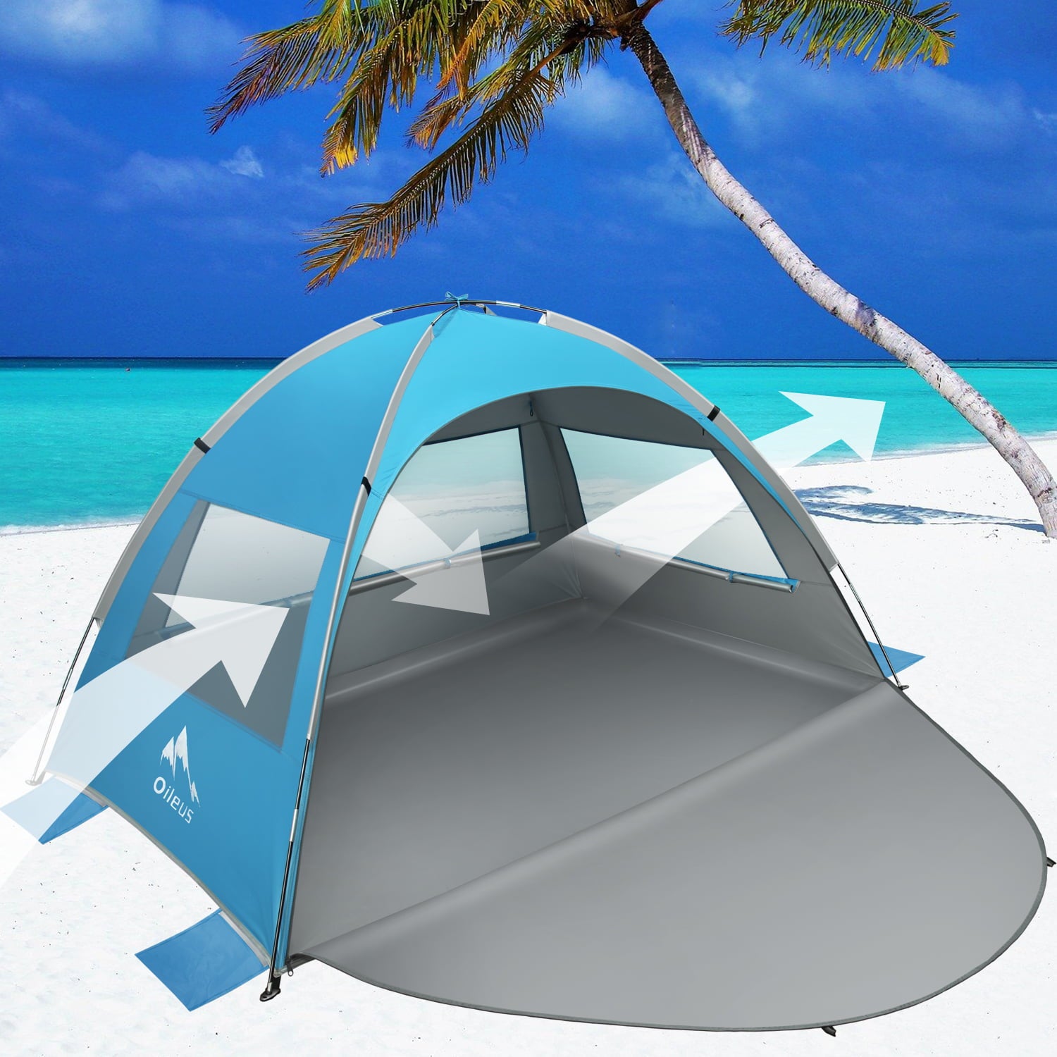 Oileus Beach Tent Pop Up Tents Sun Shelter， Sun Shade for 2-3 Person With UV Protection， Extended Floor， Mesh Roll Up Windows， Carry Bag， Stakes， 6 Sand Pockets， Lightweight and Easy Set Up， Blue