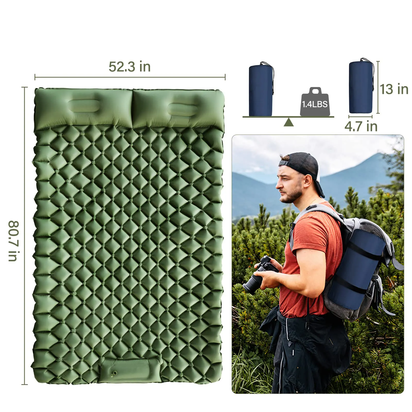 Inflatable Camping Pad Foot Press Ultralight 2 Person Double Camping Sleeping Pad for Camping Hiking Traveling Backpacking Tent