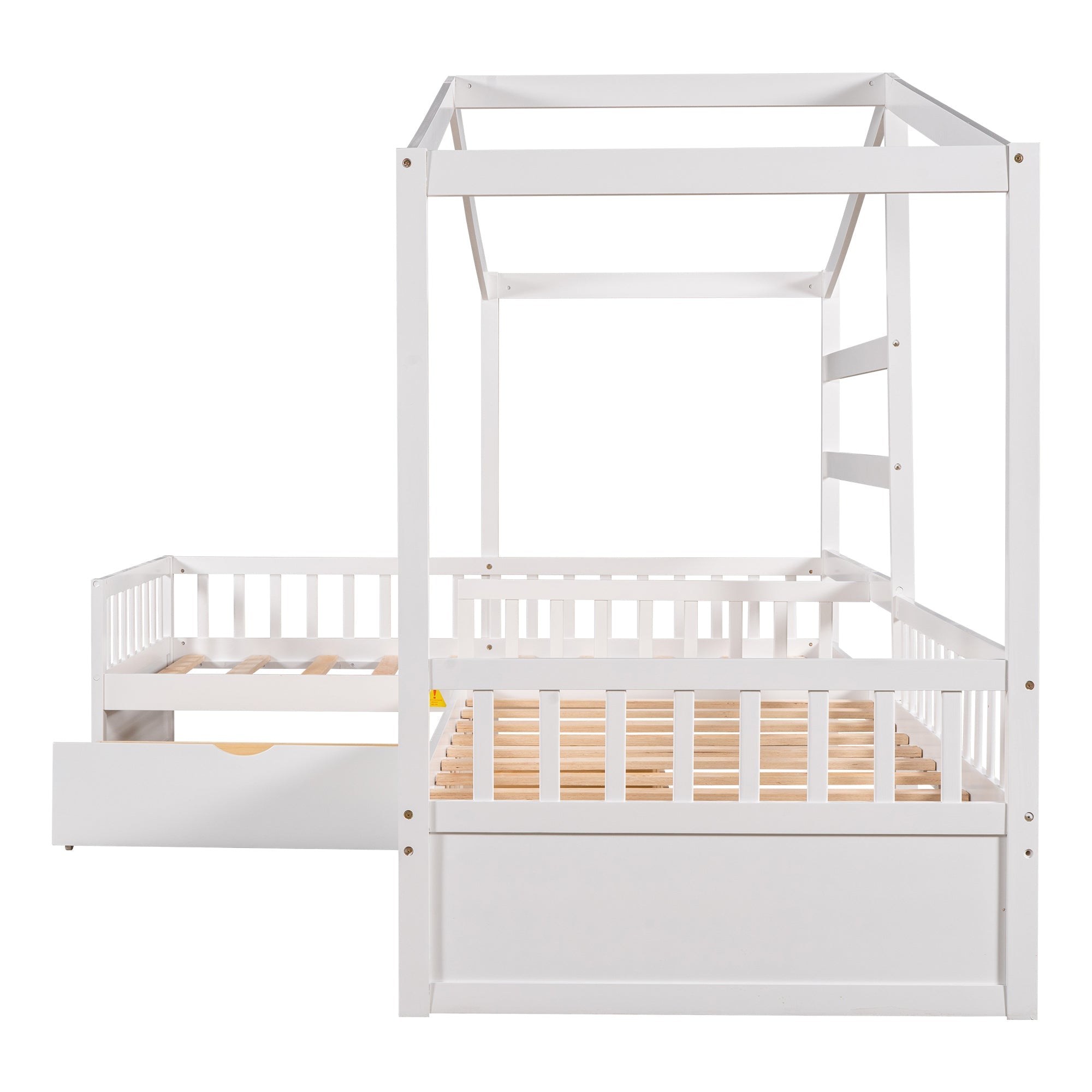 Wood Twin Double House Bed with Three Drawers for Kids, White