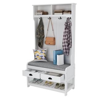 FUFUGAGA 68.5 in. White Wood 3-in-1 Hall Tree Coat Rack Storage Bench with 4-Metal Double Hooks and 2-Drawers Shelves KF020217-01