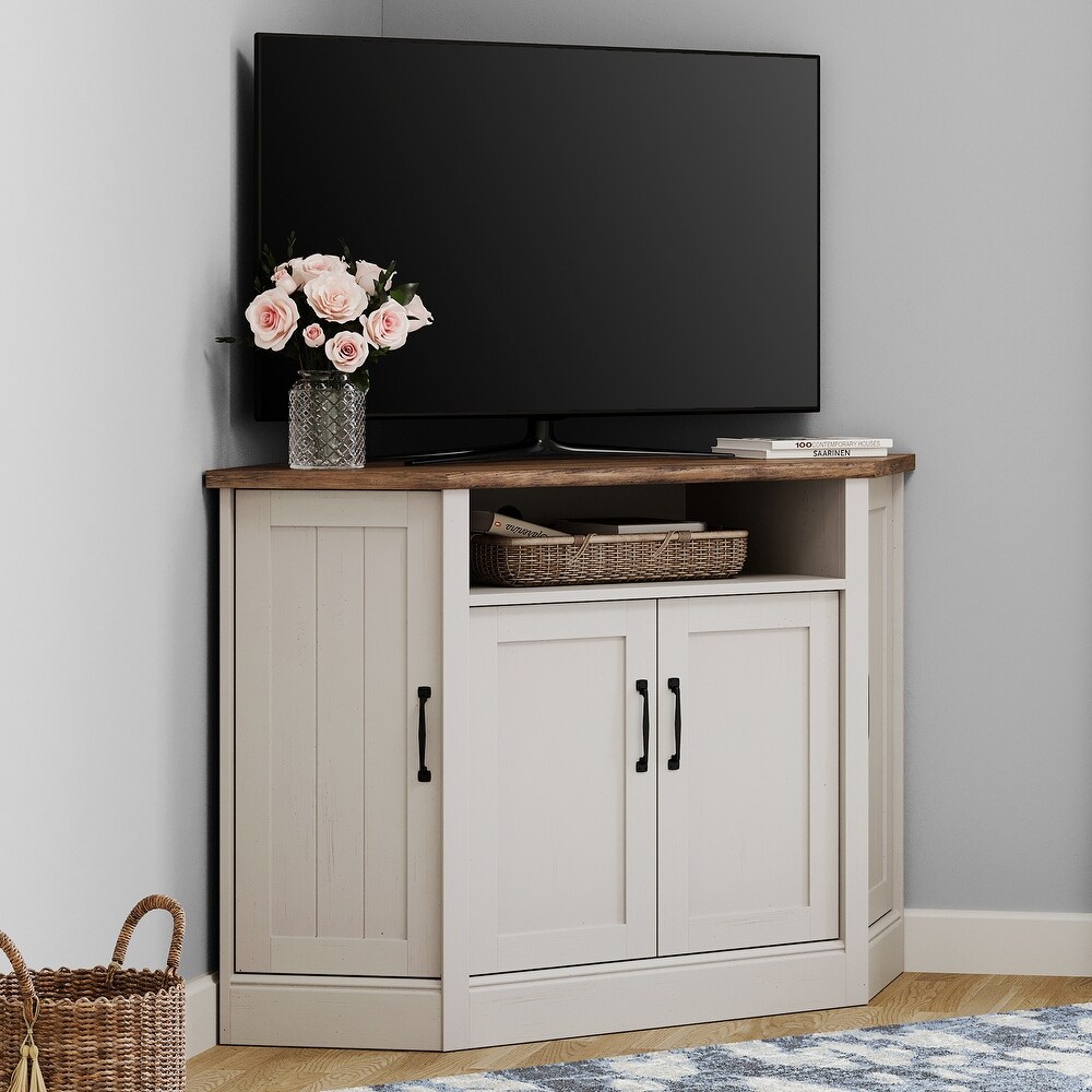 WAMPAT Corner TV Stand for TVs Up to 55 inch  Farmhouse Corner Entertainment with Open Shelves and Door Cabinet for Living Room