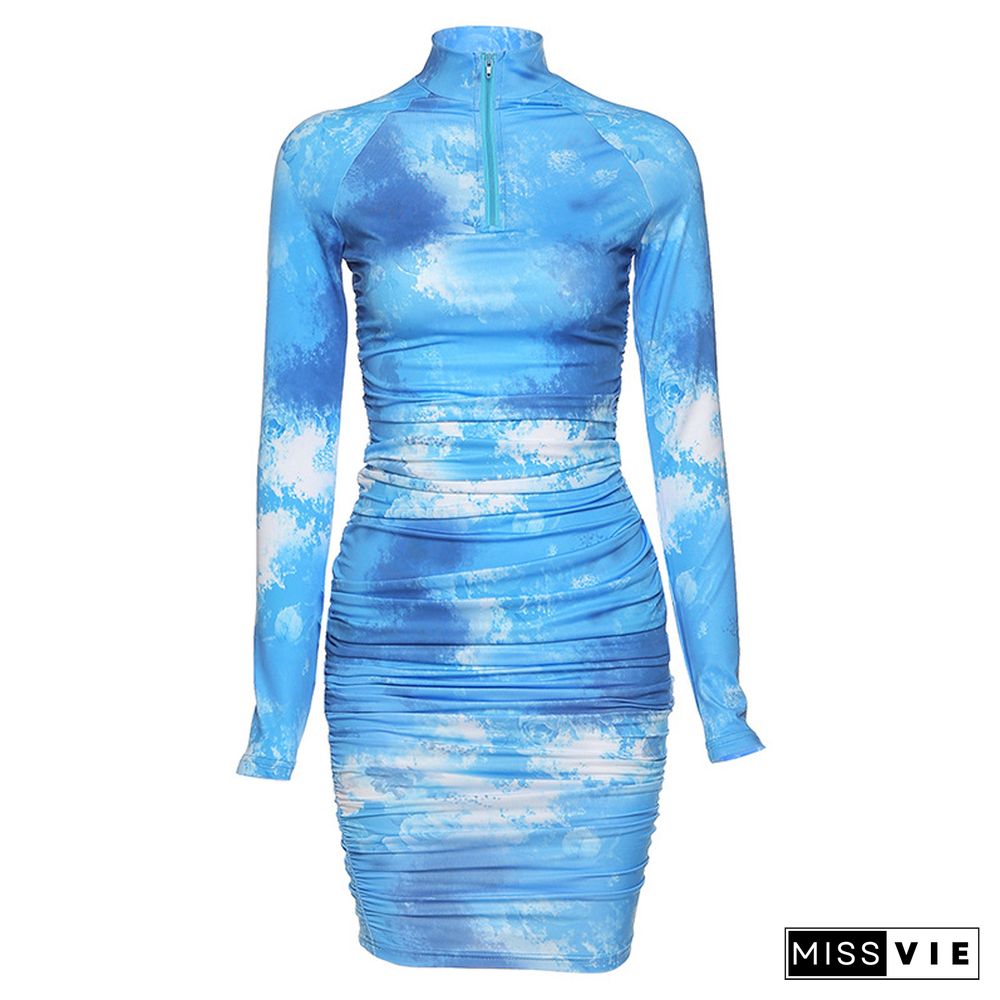 Spring Long Sleeve Tie Dye Ruched Bodycon Sexy Midi Dress Women Streetwear Outfits Party Bright Clothing