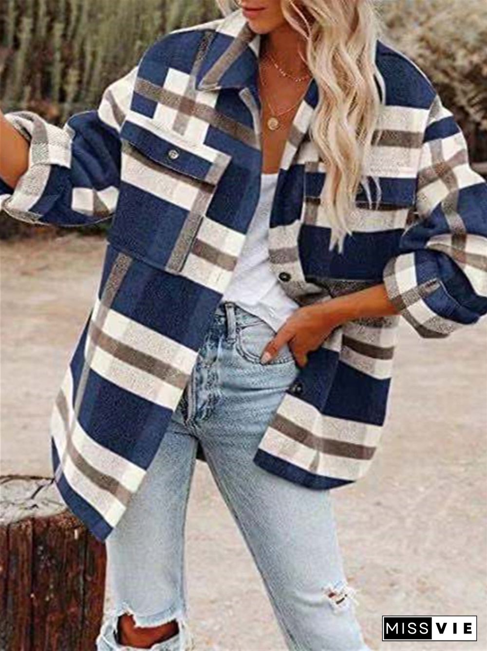 Long Sleeve Lapel Loose Plaid Wool Coat