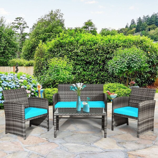 Costway 4PCS Patio Rattan Furniture Set Conversation Glass Table Top