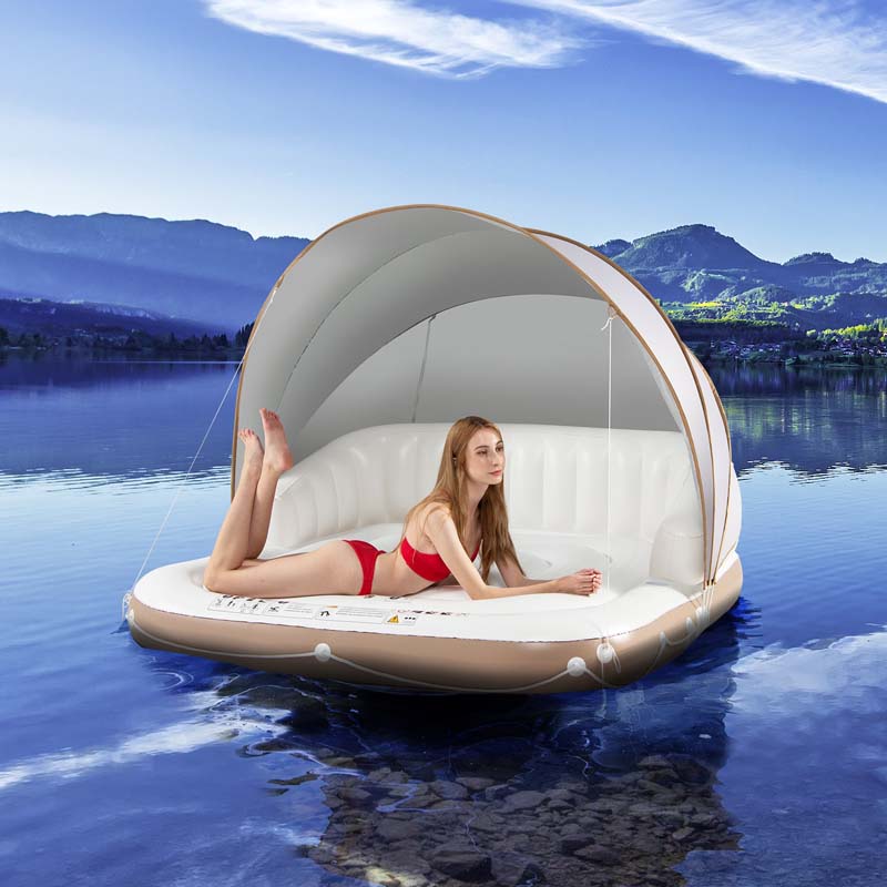 Giant Inflatable Pool Float Lounge Swimming Floating Island Raft with Retractable Canopy & 2 Cup Holders