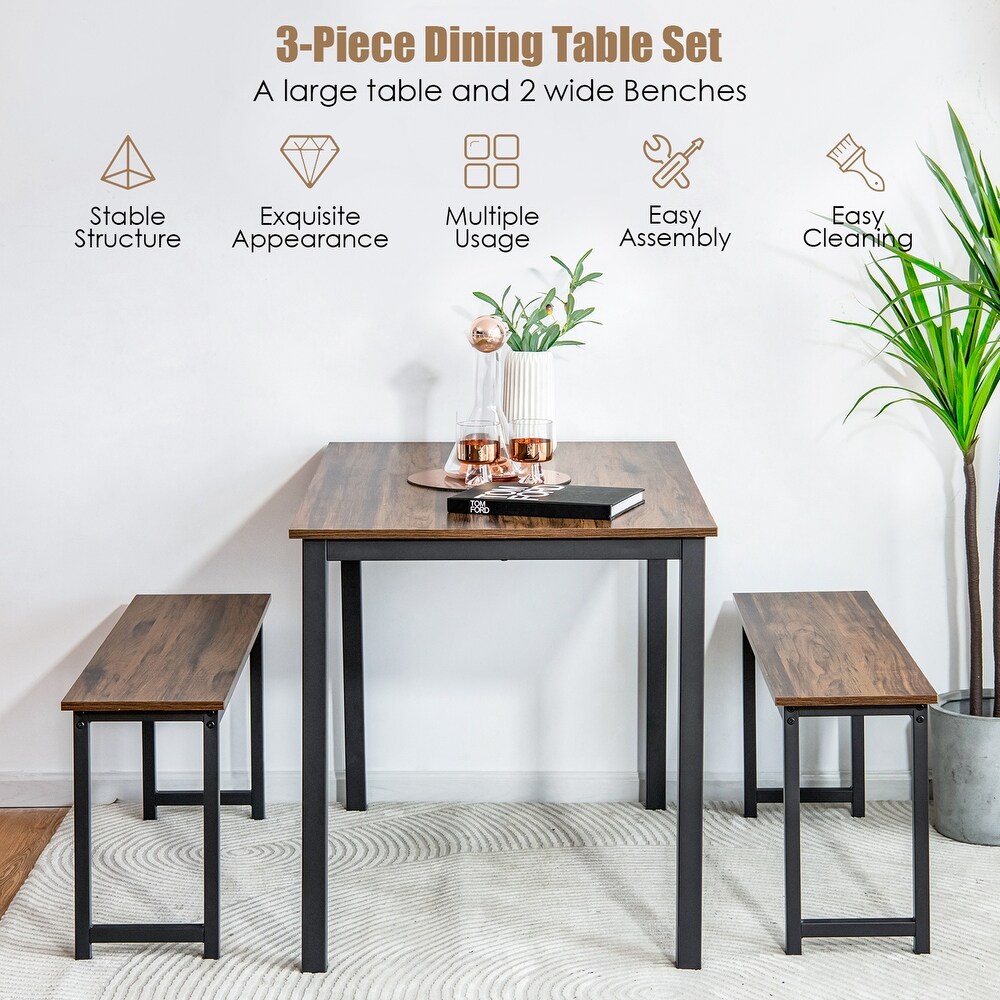 Gymax Modern 3 PCS Dining Table Bench Set w/ Metal Frame   Wooden