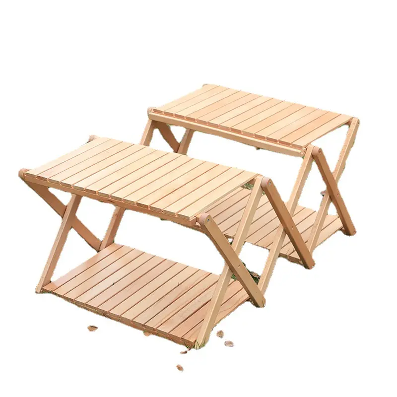 Outdoor Simple Solid Wood Folding Multi Layer Shelf Camping Table