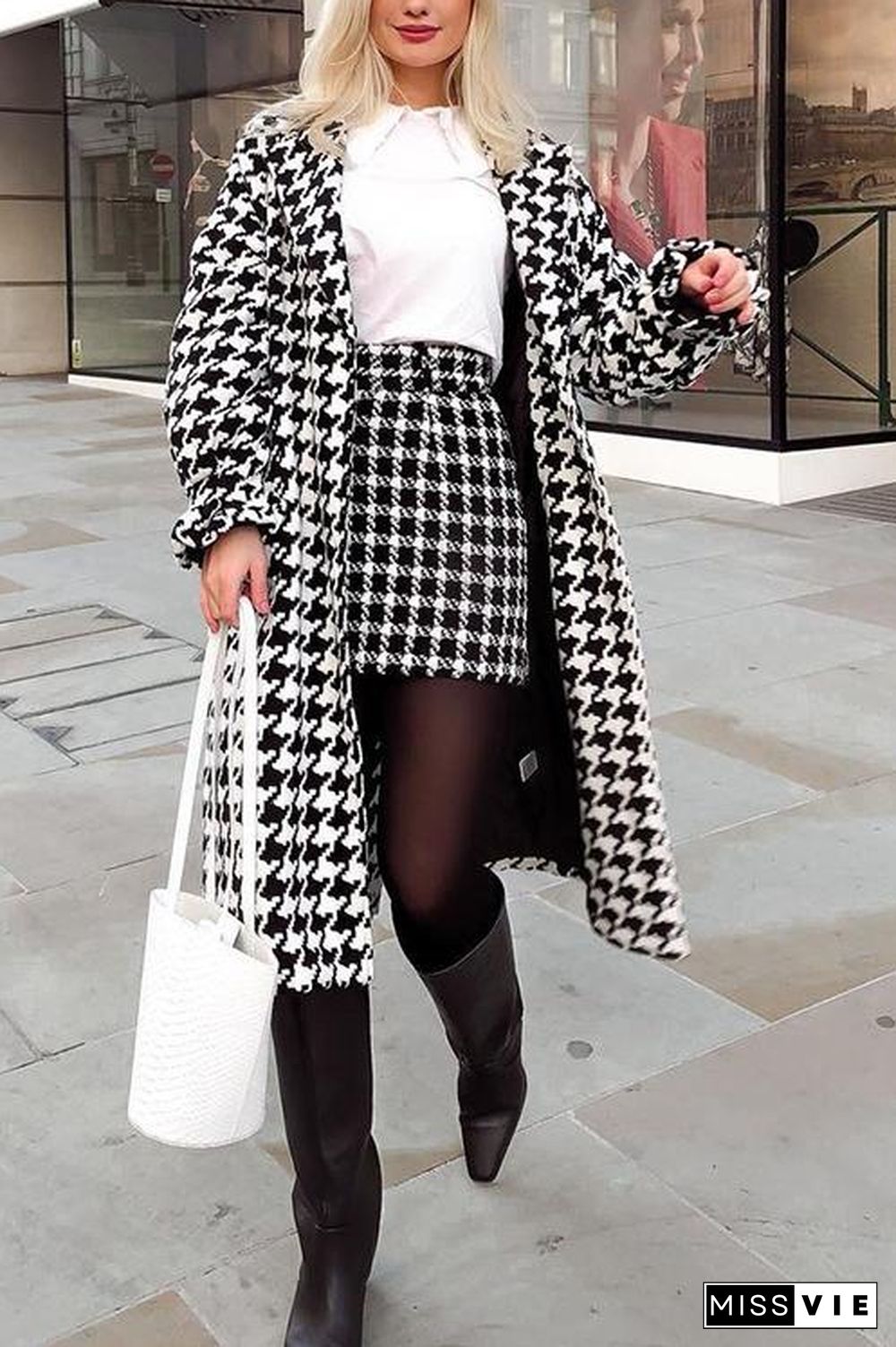 Houndstooth Lapel Woolen Coat