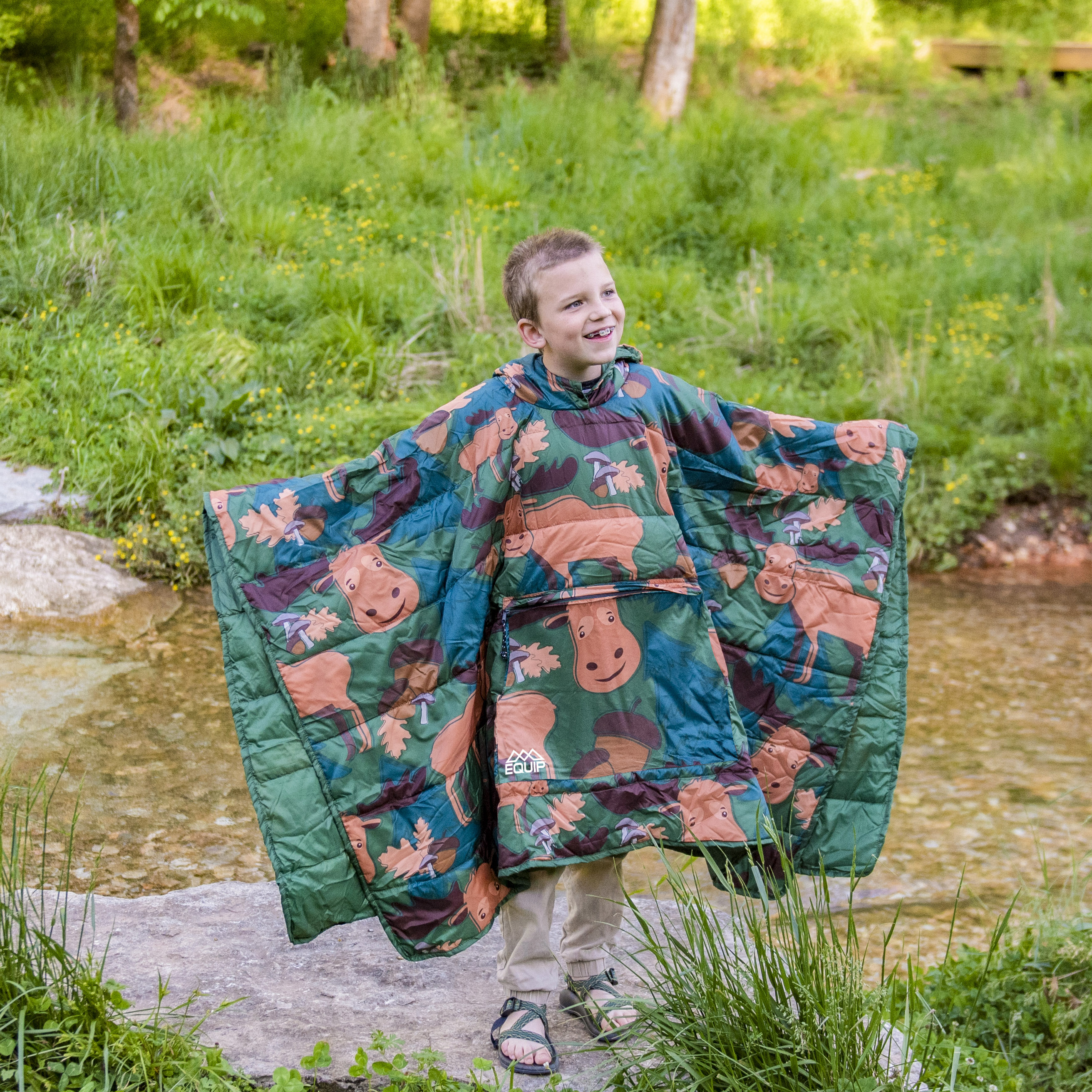 EQUIP Camping Poncho Picnic Blanket and Mat， Green Moose Print， Size 66.9 In. L x 51.18 In. Material Polyester