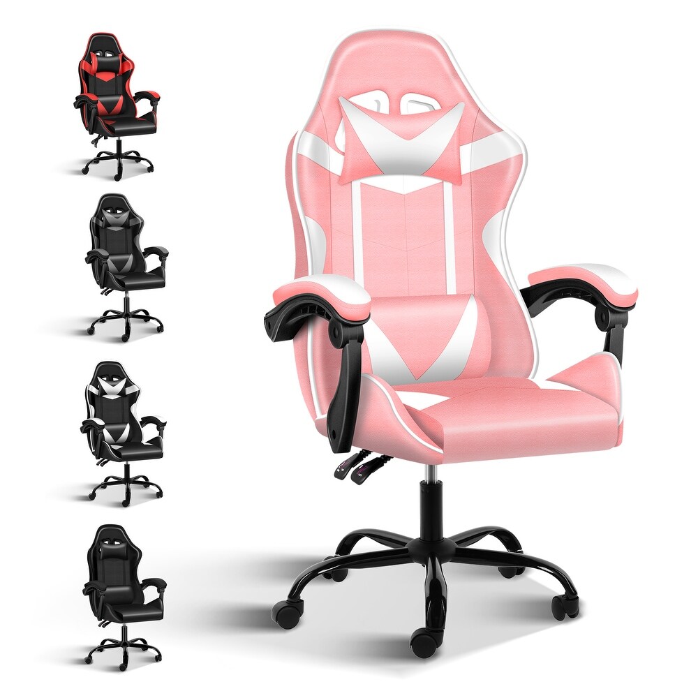 Simple Deluxe Gaming Chair  Office High Back Computer Ergonomic Adjustable Swivel Chair with Headrest and Lumbar Support  Pink