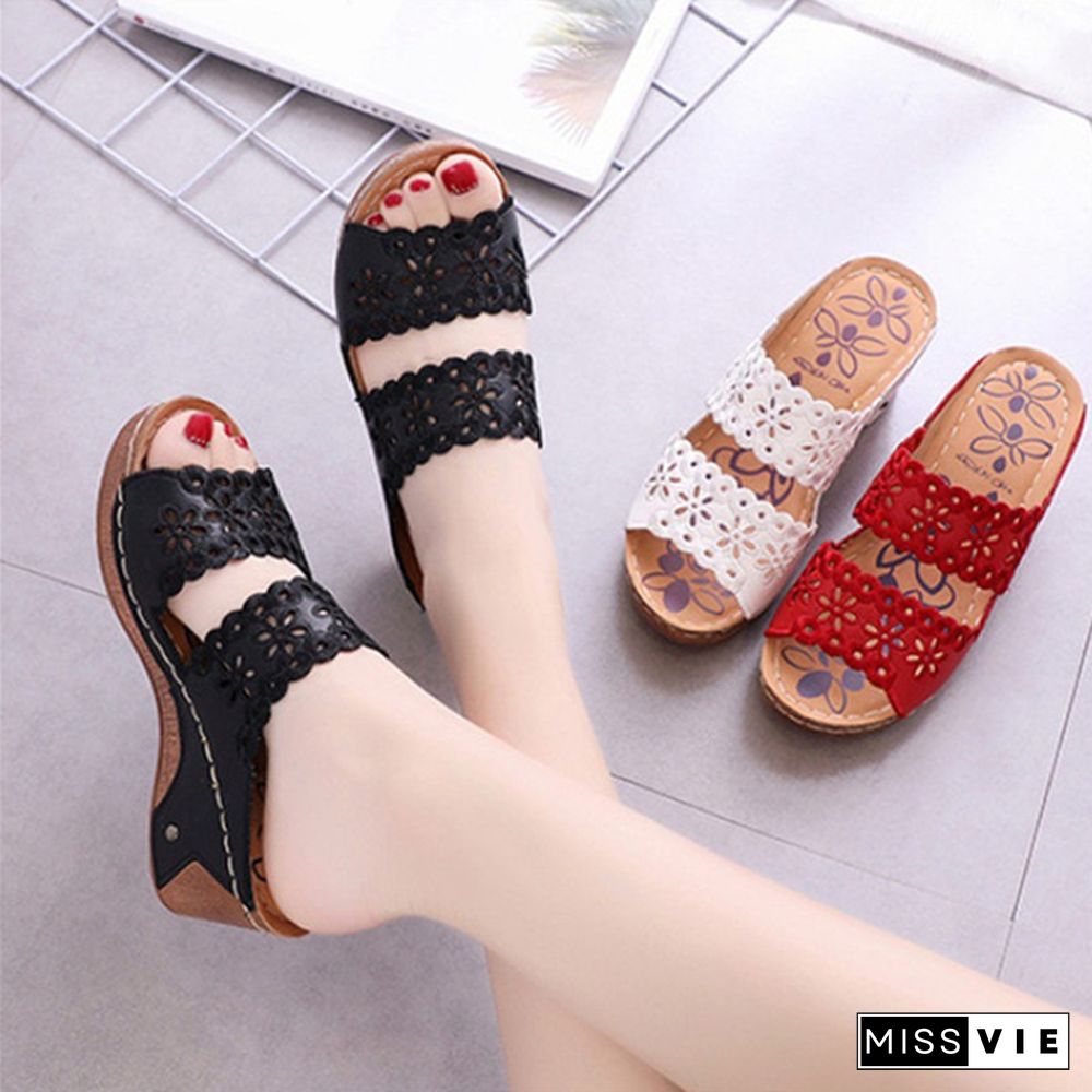 Women's Summer Fashion Retro Slippers Flower Shoes Wedges Platform Flip Flops Beach Shoes Ladies Slides Party Sandals Plus Size 35-43