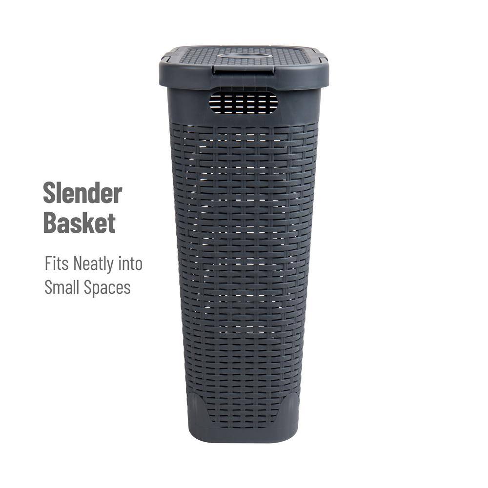 Mind Reader Basket Collection Slim Laundry Hamper 40 Liter (15kg33lbs) Capacity Cut Out Handles Attached Hinged Lid Gray 40HAMP-GRY