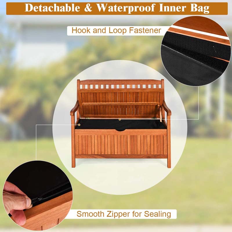 42 Wooden Patio Storage Bench Outdoor Storage Deck Box with Waterproof Inner Bag