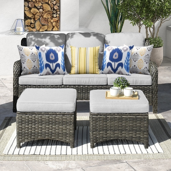 OVIOS Patio 3piece Rattan Wicker Sectional Sofa Set with Ottomans