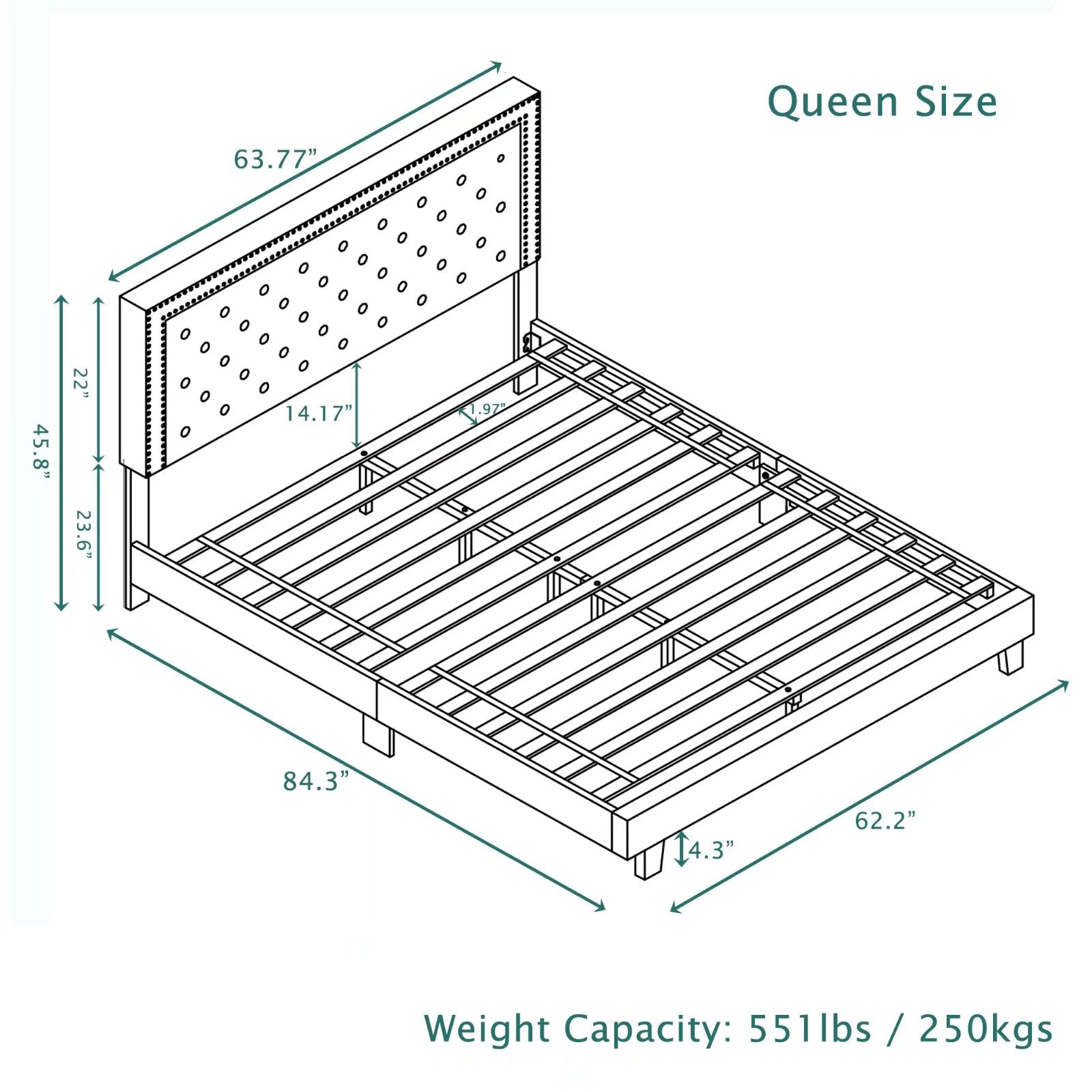 Morden Fort Queen Size Bed Frame with Upholstered Headboard Gray