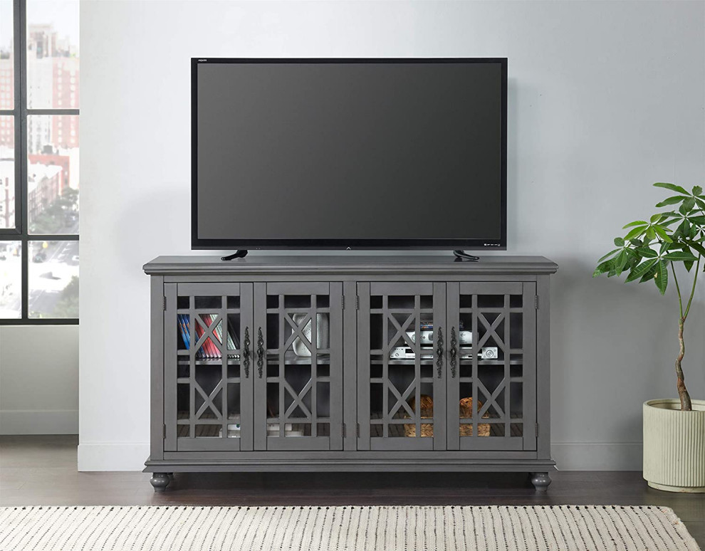 Elegant TV Stand  4 Patterned Doors With Glass Insert  Slightly Distressed Grey   Contemporary   Outdoor Pots And Planters   by Decor Love  Houzz