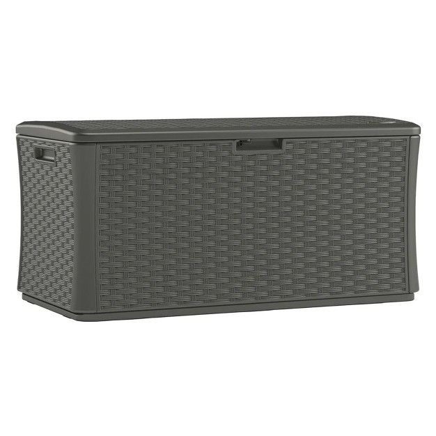 Suncast Bmdb13400st 134 gallon Extra Large All weather Uv resistant Wicker Pattern Deck Box With Lockable Lid For Garden Garage Or Patio Stoney