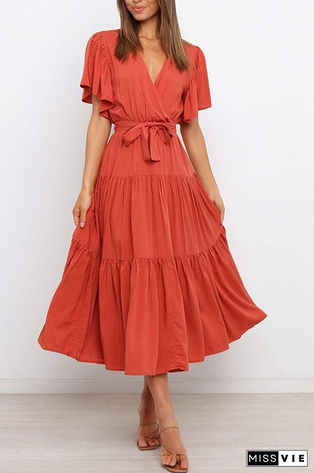 Ruffled Sleeve V-neck Tie Waist Maxi Dress P14492