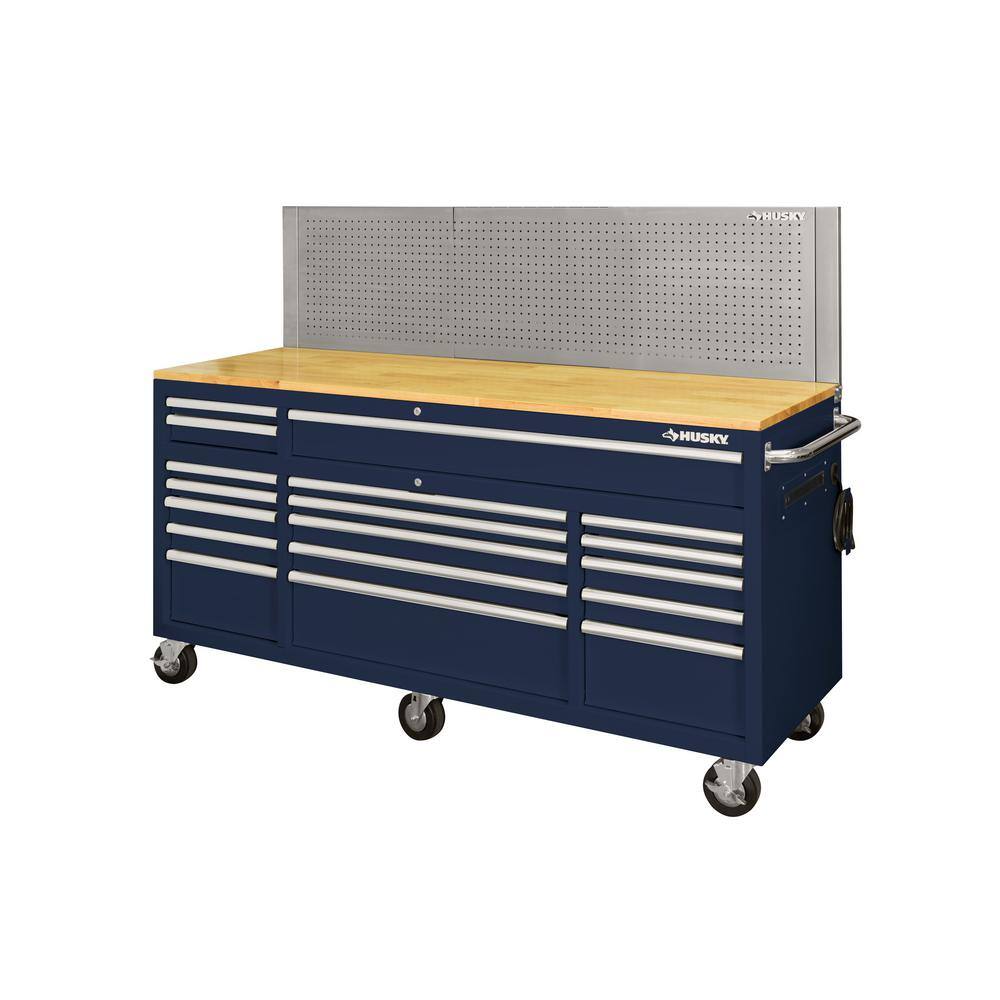 Husky 72 in. W x 24 in. D 18-Drawer Standard Duty Mobile Workbench Tool Chest with Solid Wood Top and Pegboard in Gloss Blue HOTC7218B32M