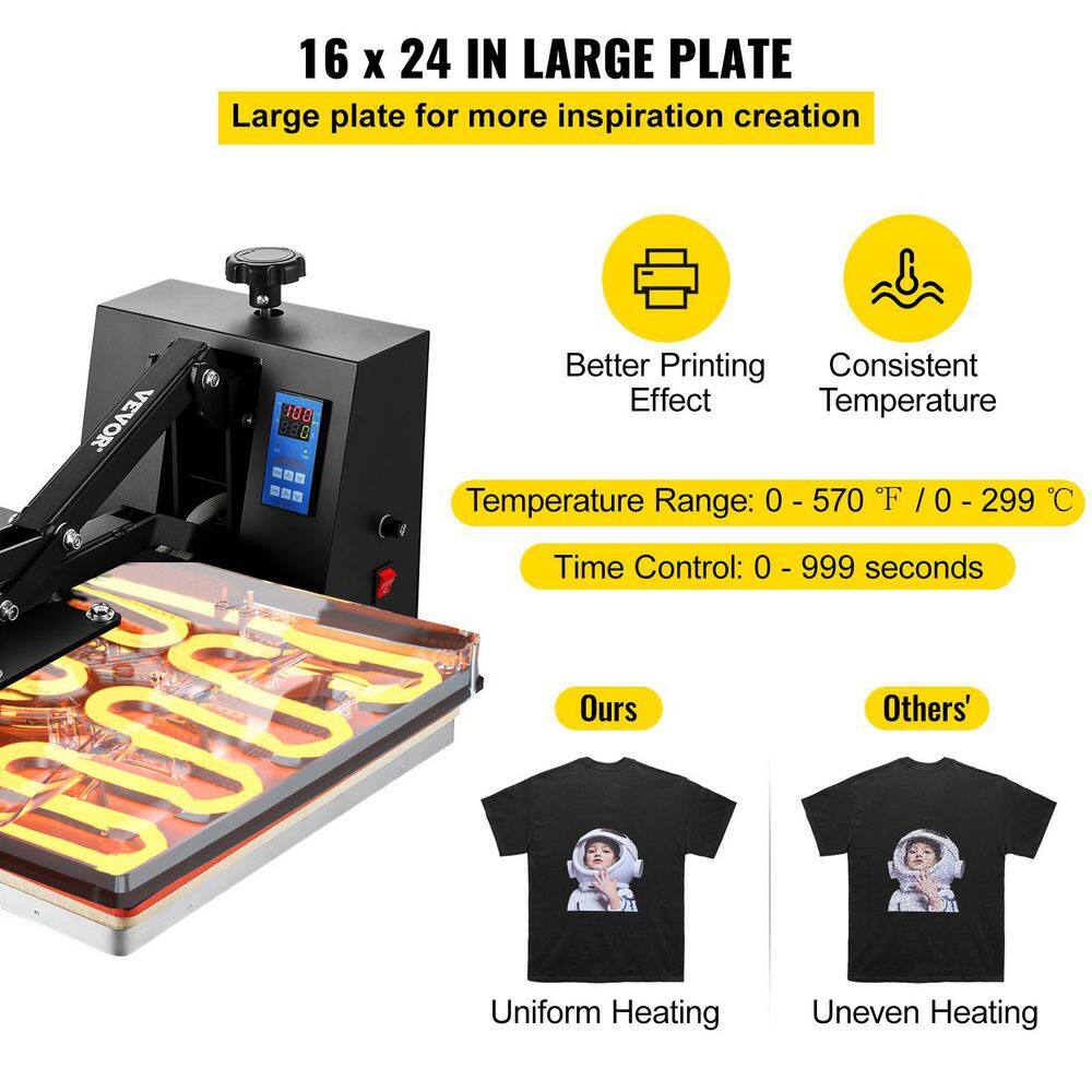 VEVOR Heat Press Machine 16 in. x 24 in. Clamshell Sublimation Transfer Printer Teflon Coated Silicone Sponge Powerpress GDSYD1624110VE26IV1