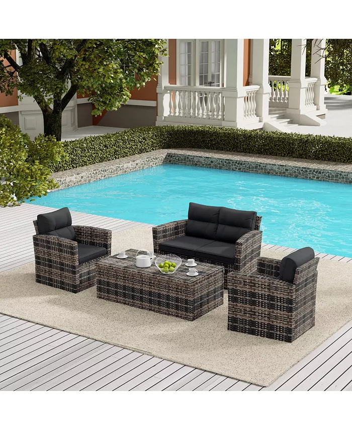 WestinTrends 4-Piece PE Rattan Wicker Conversation Sofa Set with Cushions